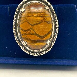 Vintage Silver and Brown Gemstone Brooch with Intricate Design​​​​